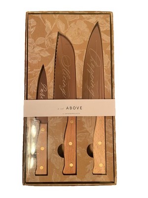 Anthropologie A Cut Above Handcrafted Copper & Beechwood Kitchen Knives Set of 3