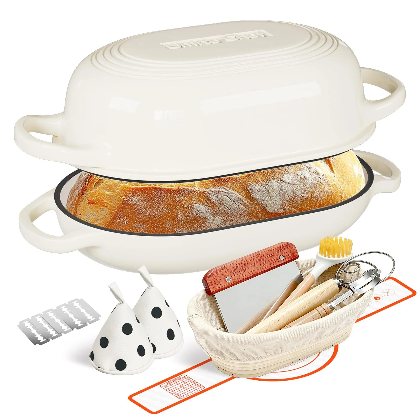 Iron Cast Dutch Oven 5QT Bread Baking Cream White with Lid Enameled incl. Basket