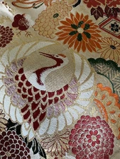 Vintage Japanese Maru Obi Silk Brocade-Cranes, Pine, Chrysanthemum, Peony, Gold