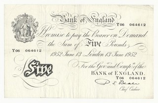 Bank of England White 5 Pounds Note 1952 Sign: P.S. Beale ; P. 344 aVF