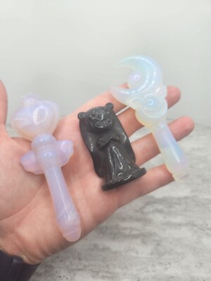 3 piece Sailor Moon Wand and Figurine Crystal Carving- Obsidian Pink Opalite