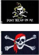 3X5 GADSDEN DTOM AND RED HAT PIRATE FLAG FLAGS COMBO SET (2 FLAGS)