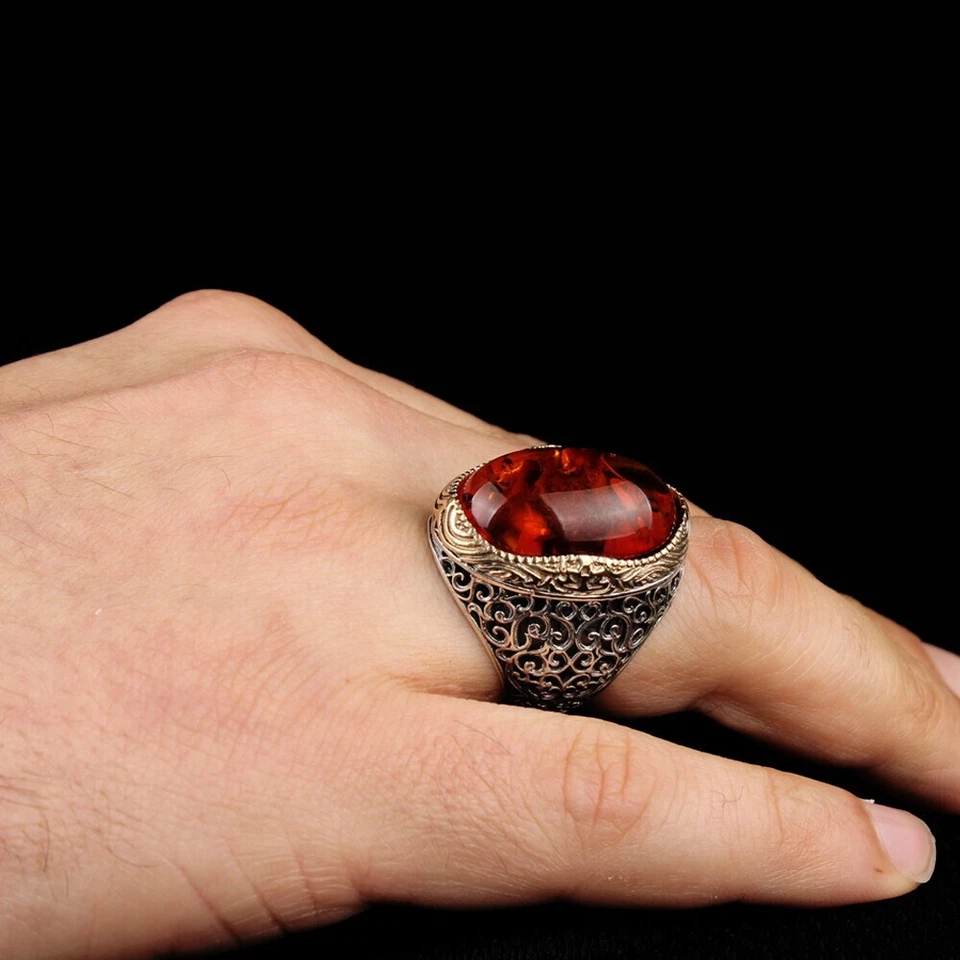 Amber silver ring Handmade  925 SILVER Men Ring Orange To Red agate gem Stone - Image 2 of 4
