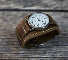 Leather watch strap cuff watch band, Brown Military Aviator bund, 18mm, 20, 22mm