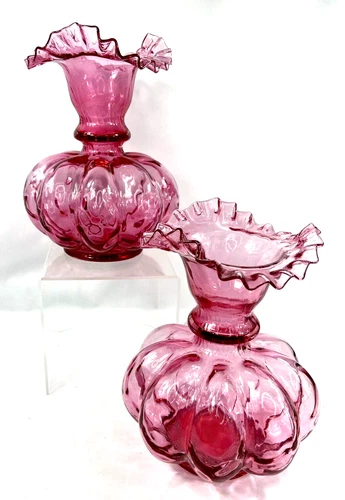 Lot Two Vintage Fenton Vases Cranberry Glass Melon Optic Ruffled