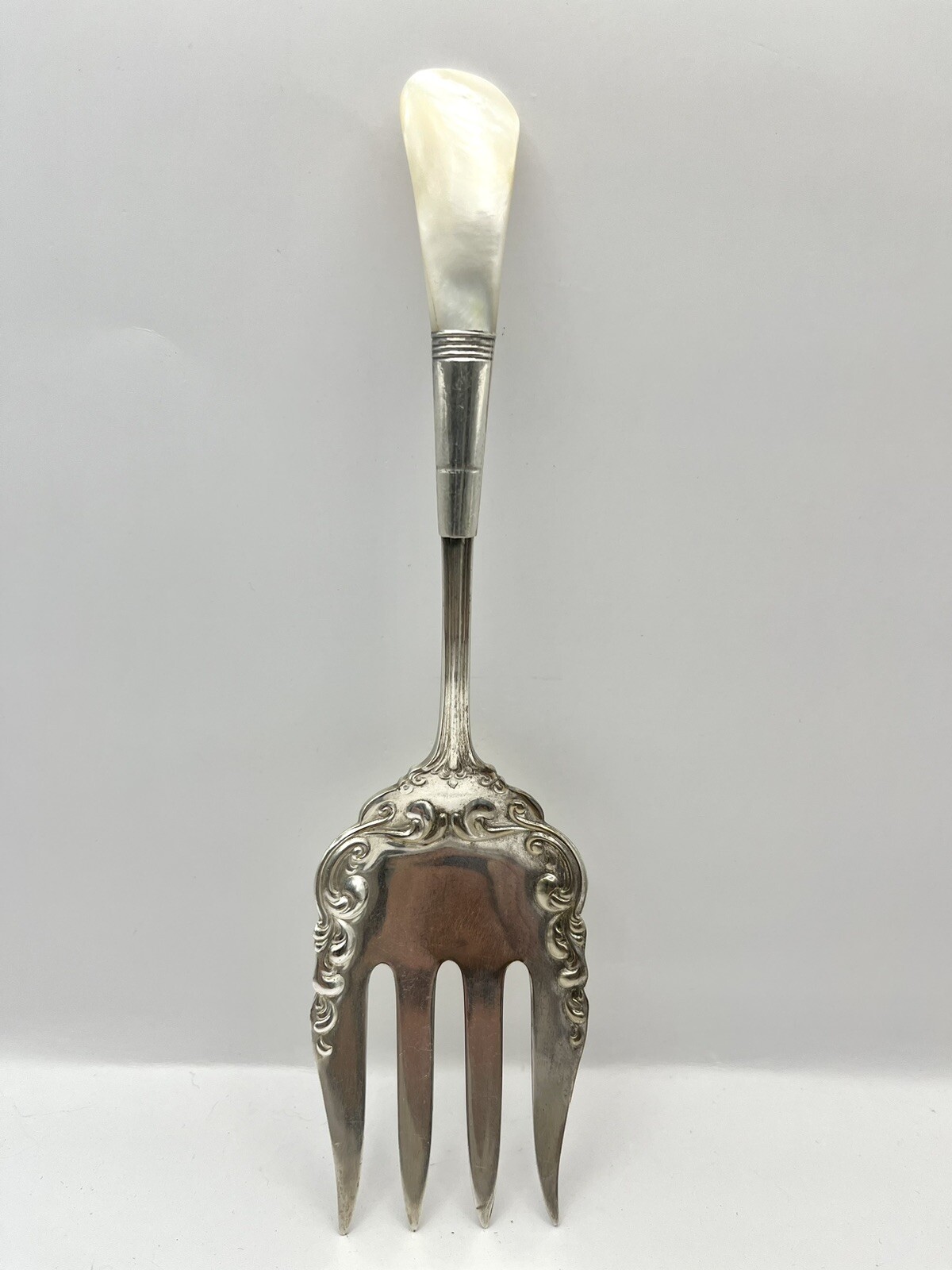 Antique Extra Coin Silver Plate Serving Fork Mother of Pearl Handle 8.25