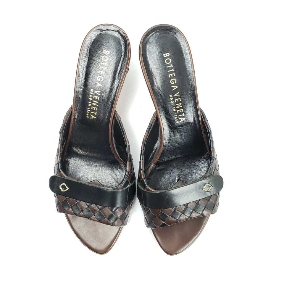 Bottega Veneta Sandals Intrecciato Damier Leather Woven Black Brown Check Sz 36 - Image 2 of 4