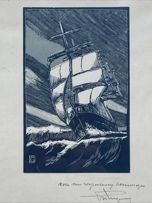 Ancienne Gravure sur Bois - Marine Voilier - Signée Gérard GAUDAEN - Dédicacée - Photo 1/4