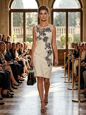 Gucci-Styled Elegant Ivory Sheath Dress with Black Floral Embroidery - Size S