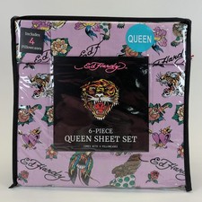 Ed Hardy Purple Queen Sheet Set 6-Piece w/ 4 Pillowcases - Heart Tiger Rose -NEW
