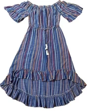 Blue Island Striped Sz M Boho Prairie Festival Ruffle Tiered Cottagecore Casual