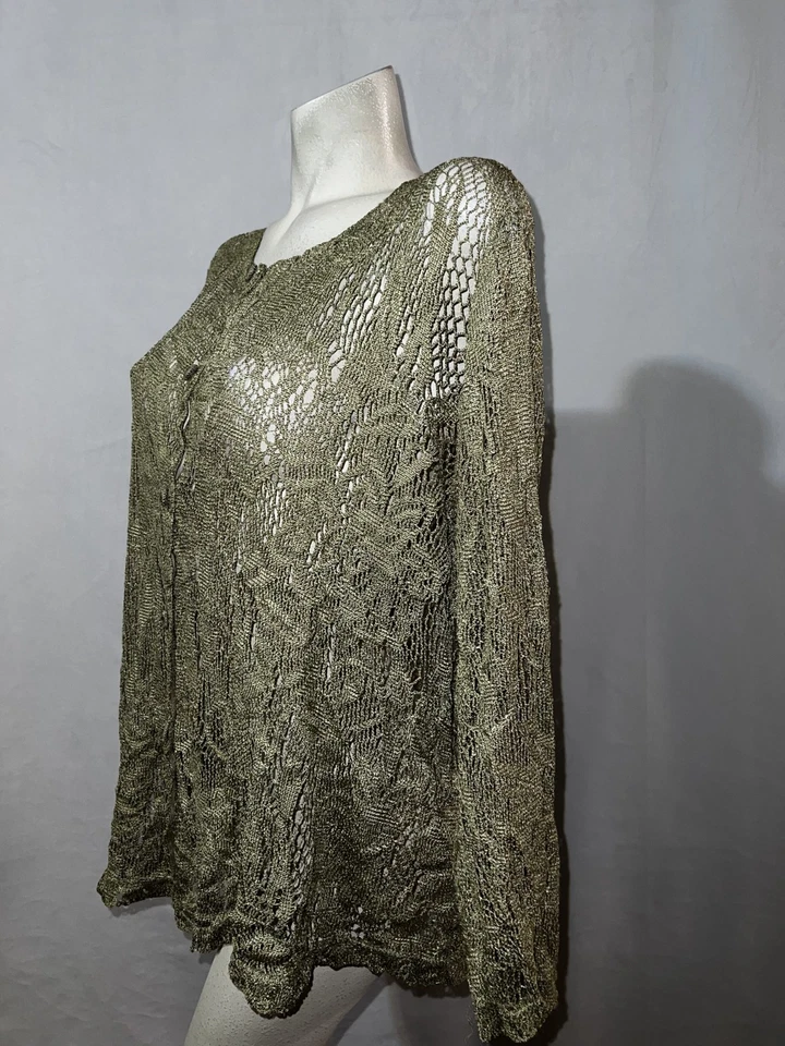 Carole Little Sweater 2X Sage 绿色钩针波西米亚开口针织纽扣 LS 开衫 — 第 4/4 张图片