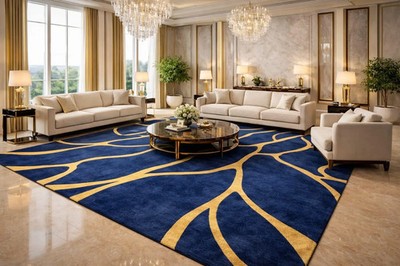 Handmade Navy & Gold Abstract Rug   Modern Tufted Carpet for home decor Rugs