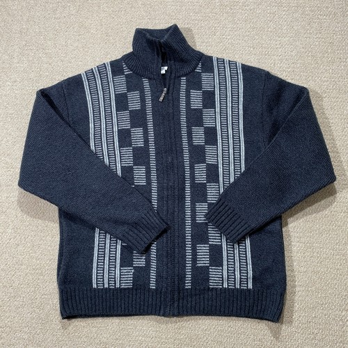 Baty Fashion Cardigan Mens XL* Grey Full Zip Geometric Pattern Knit Sweater Y2K