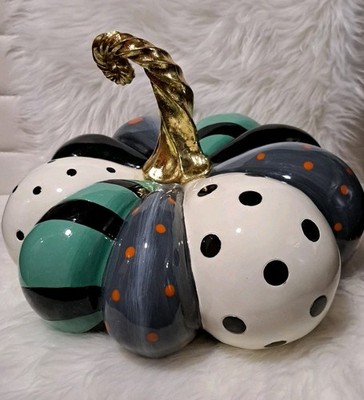 MACKENZIE CHILDS Glossy PATCHWORK SPICE 10'' PUMPKIN w/Glitzy Gold Stem Autumn 