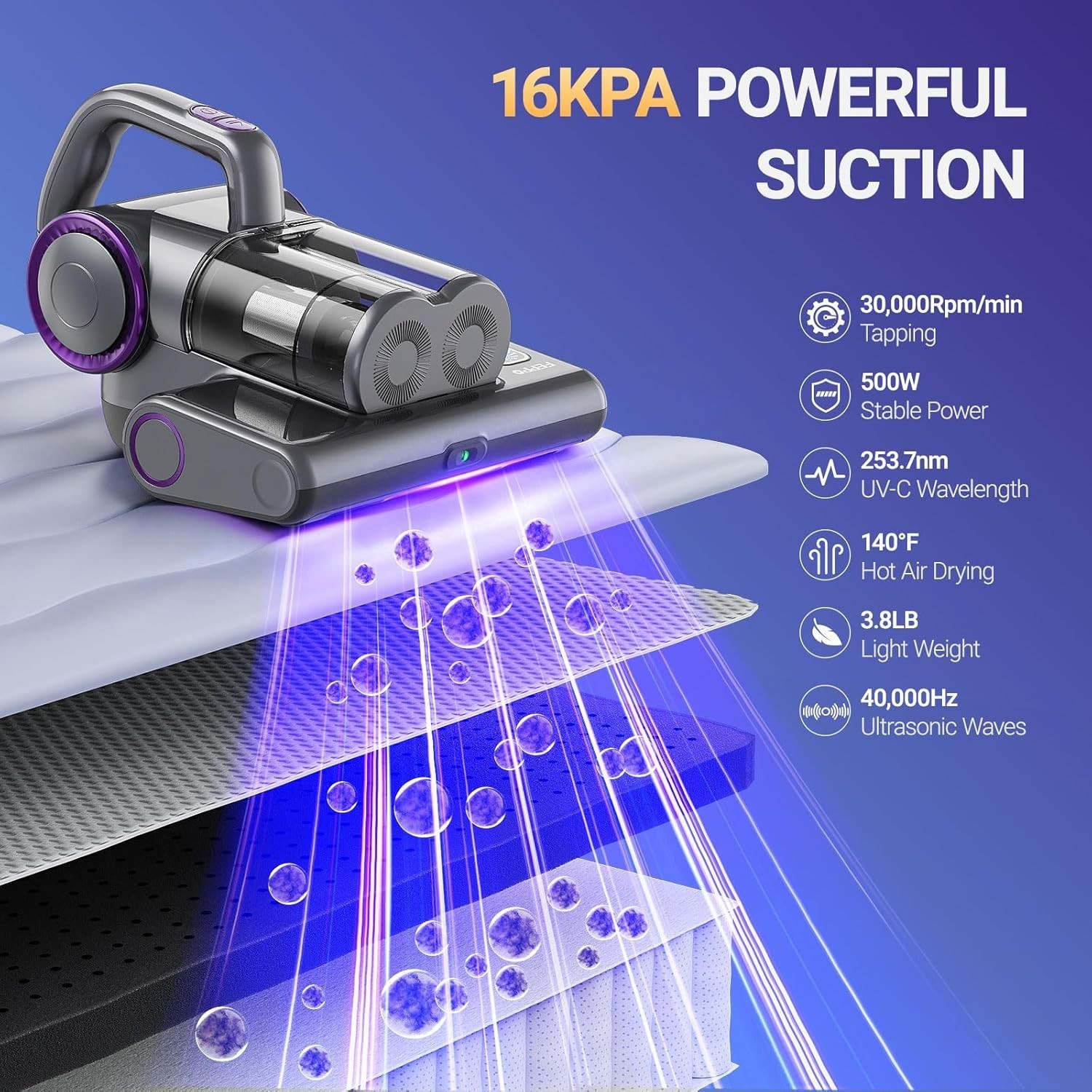 Corded Mattress Vacuum with Dual Dust Cup & Advanced Filtration Technology