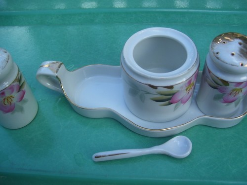 Vintage Noritake Azalea 6 pc Set; Tray, Condiment Jar, Spoon, Salt and Pepper - Picture 5 of 7