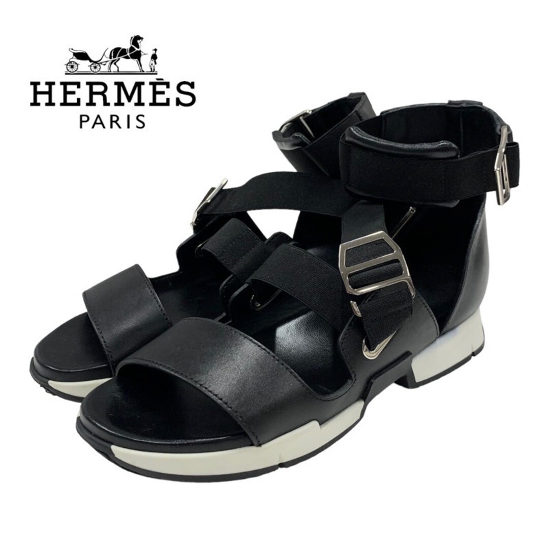 エルメス ハイヒール ストラップサンダル サイズ36-1/2 ブラック レザー Hermes Sandals Shoes Black Leather Strap Ladies Size 36 From