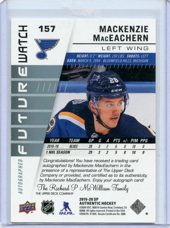 2019-20 SP Authentic #157 Mackenzie MacEachern FW AU 124/999 RC - Image 2 of 2