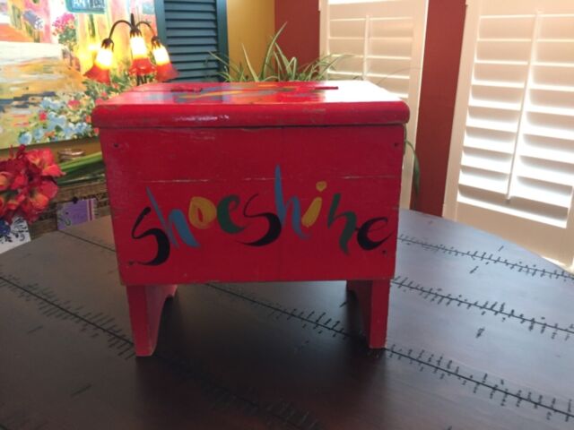 PRIMITIVE RED SHOE SHINE BOX HAND PAINTED / ANTIQUE/ COLLECTIBLE