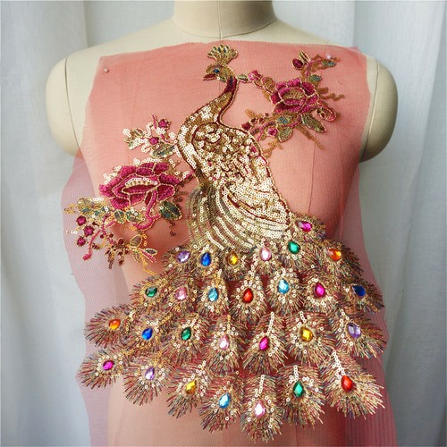 Sequin Peacock Peony Embroidered Lace Mesh Gown Applique Sew Iron On DIY Patches - Picture 2 of 14