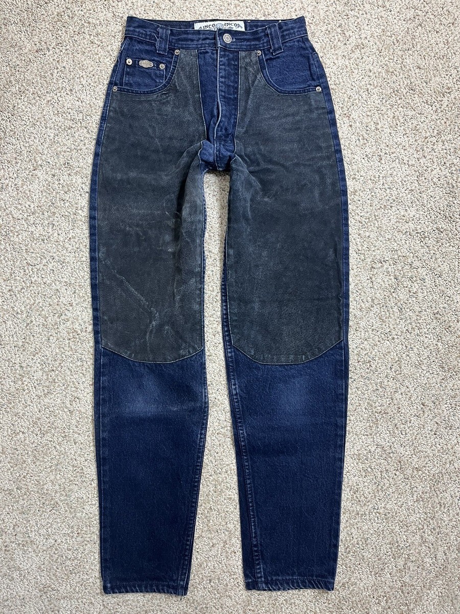 Vtg JNCO Leather Chap Knee Loose Tapered Blue Jeans Mens 28