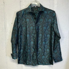 Barry Wang Shirt Mens M Turquoise Black Teal Paisley Silk Bl Dressy Long Sleeve