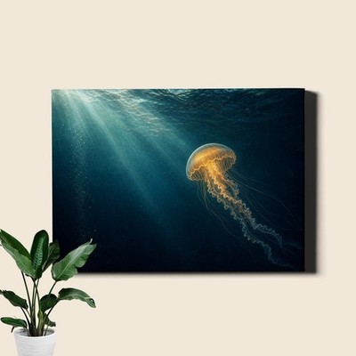 Jellyfish Canvas Art Golden Glow in Deep Ocean Waters