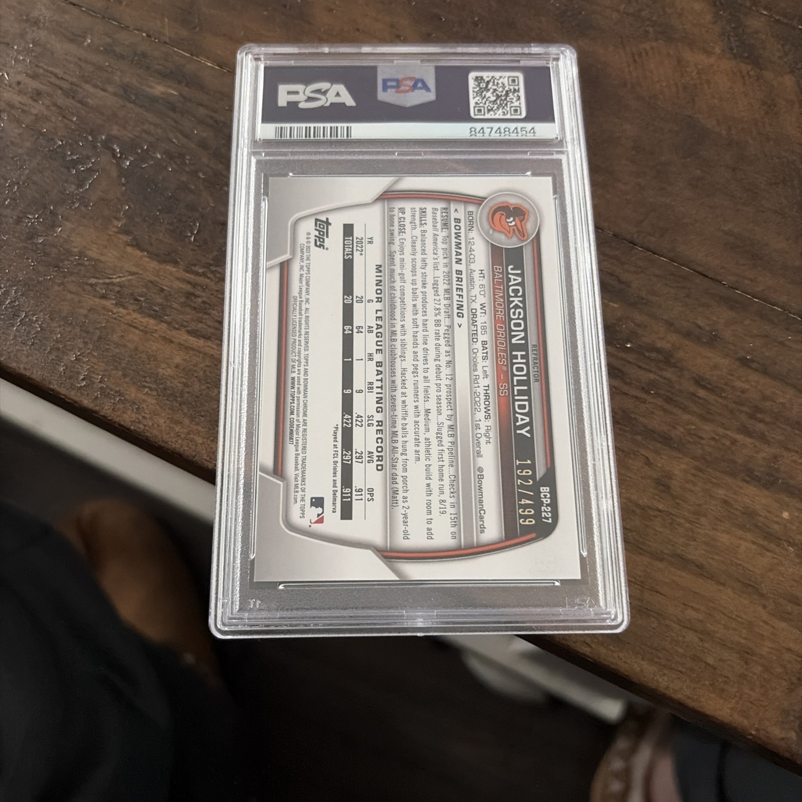 2023 Bowman Chrome Jackson Holliday Refractor RC Rookie BCP227 PSA 10 GEM /499 view 4