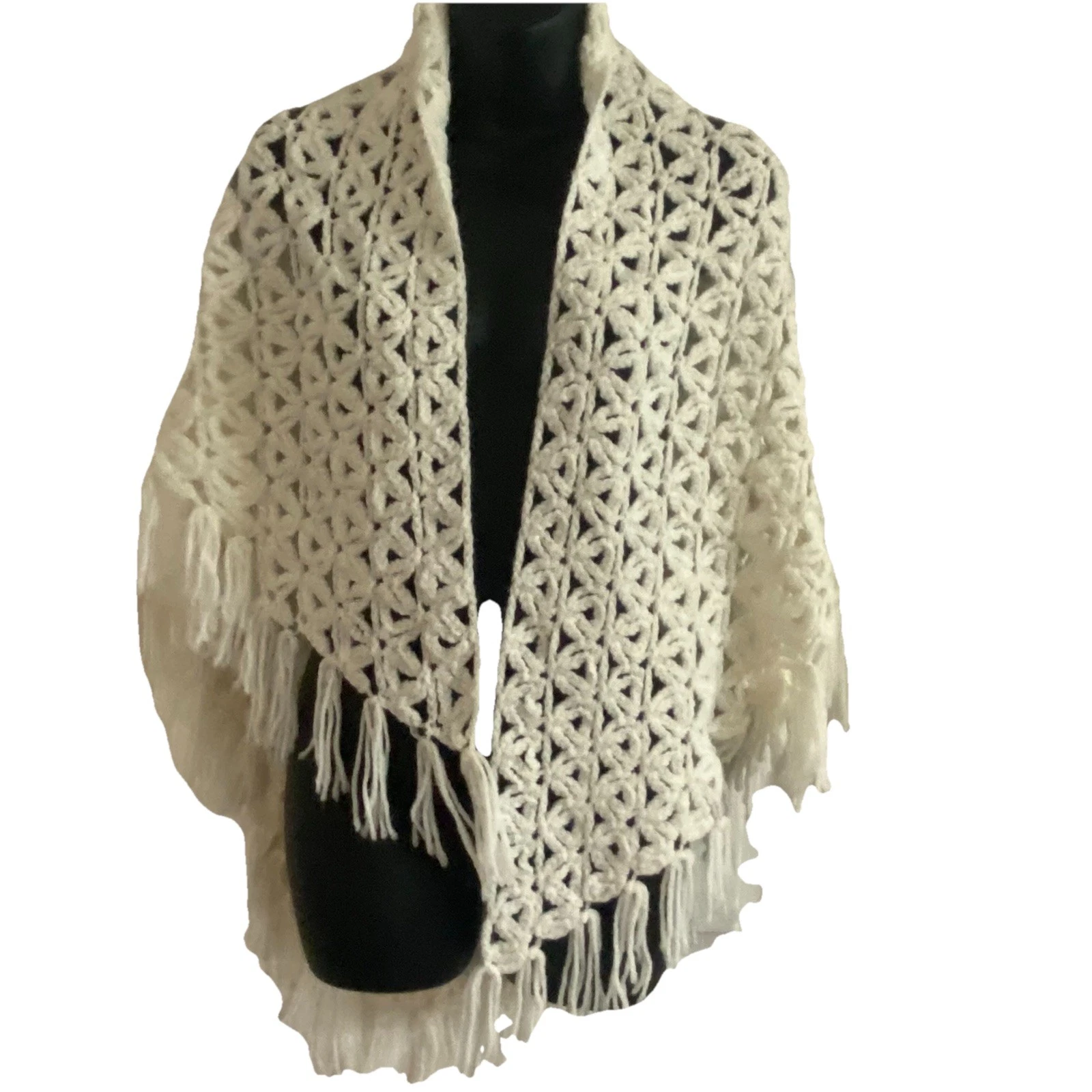 Vintage Handmade White Chunky Crochet Knit Shawl With Fringe BohoChic Granola