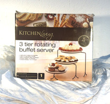 Support de service noir à 3 niveaux neuf avec assiettes blanches 10,5 pouces tartes alimentaires desserts