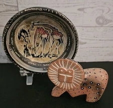 Vintage Kenyan African Carved Soapstone Lion Figurine & Trinket Bowl 2 Piece Set