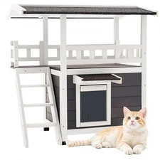 VEVOR Outdoor Cat House,2-Story Wooden Cat Shelter with Stairs & Balcony,Elevate