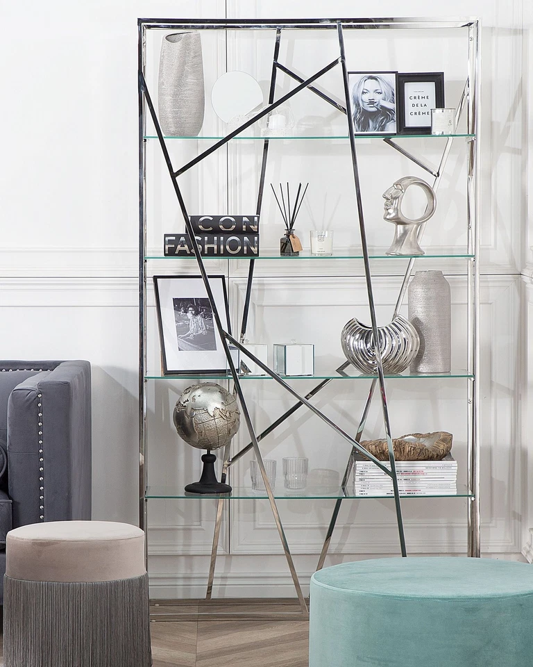Libreria Acciaio Inox Argento e 4 Ripiani Vetro Temperato 175 x 100 cm Hoxie - Immagine 2 di 4