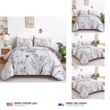 Dobuyly Floral Quilt King Size Grey and White Botanical Bedspread Quilt Set ...