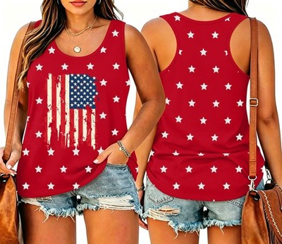 Plus Size USA Shirts for Women: 4th of July Sleeveless Shirt American Flag Te...
