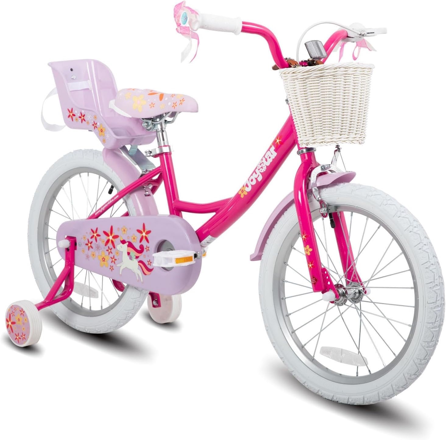 18 Inch Unicorn Girls Kids Bike w/Training Wheels,Doll Seat & Basket Pink/White