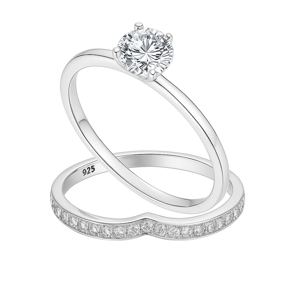 Juego de anillos de compromiso de eternidad de circonitas cúbicas de plata de ley 925 para mujer Foto 2 de 4