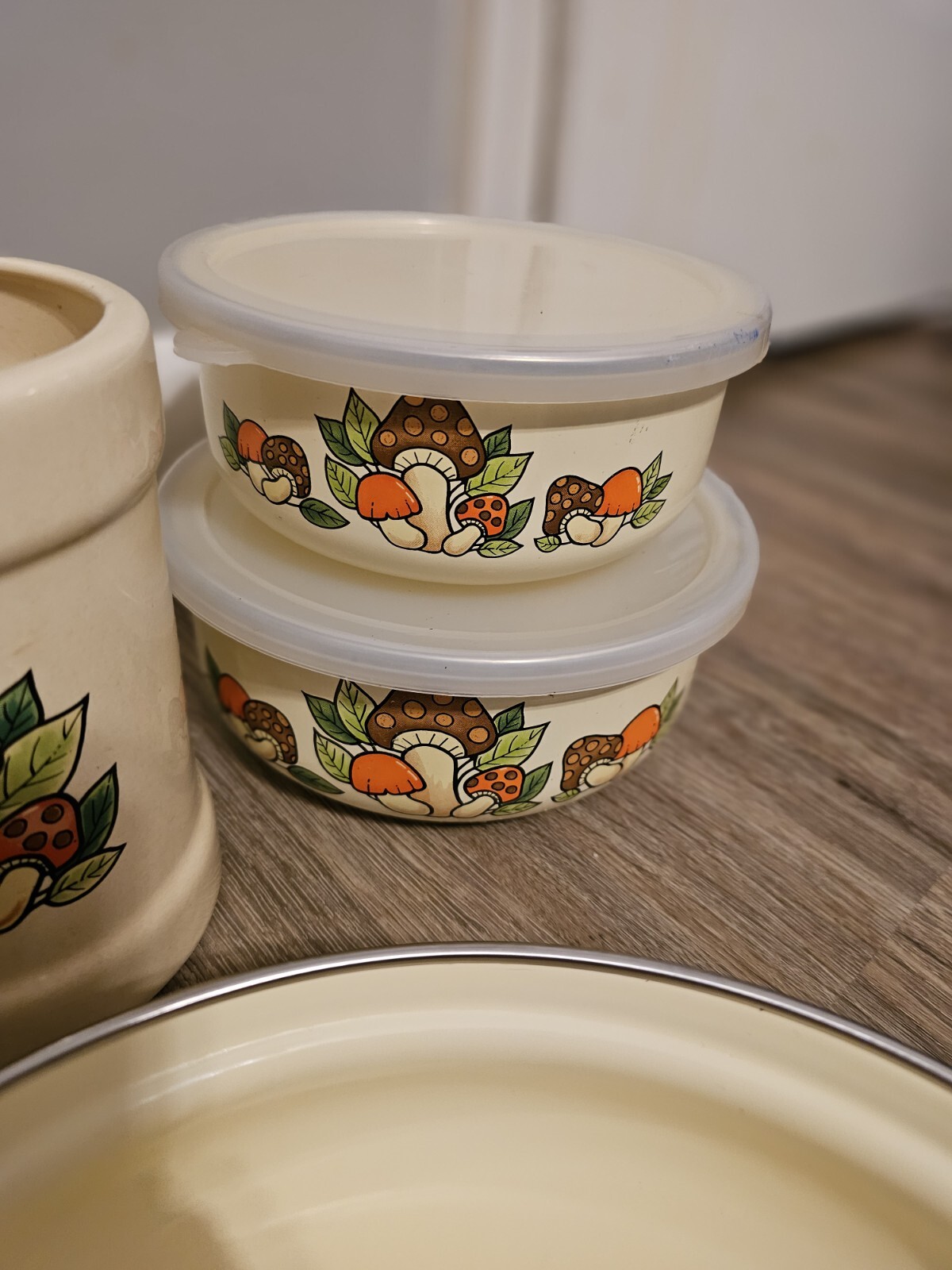 Vintage MCM Mushroom Enamel Pots And Pans, Utensil Holder, And