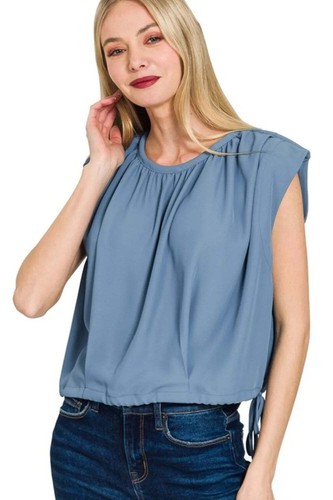 Women’s Woven Drawstring Tie Side Sleeveless Top Casual Dressy Blouse S-L