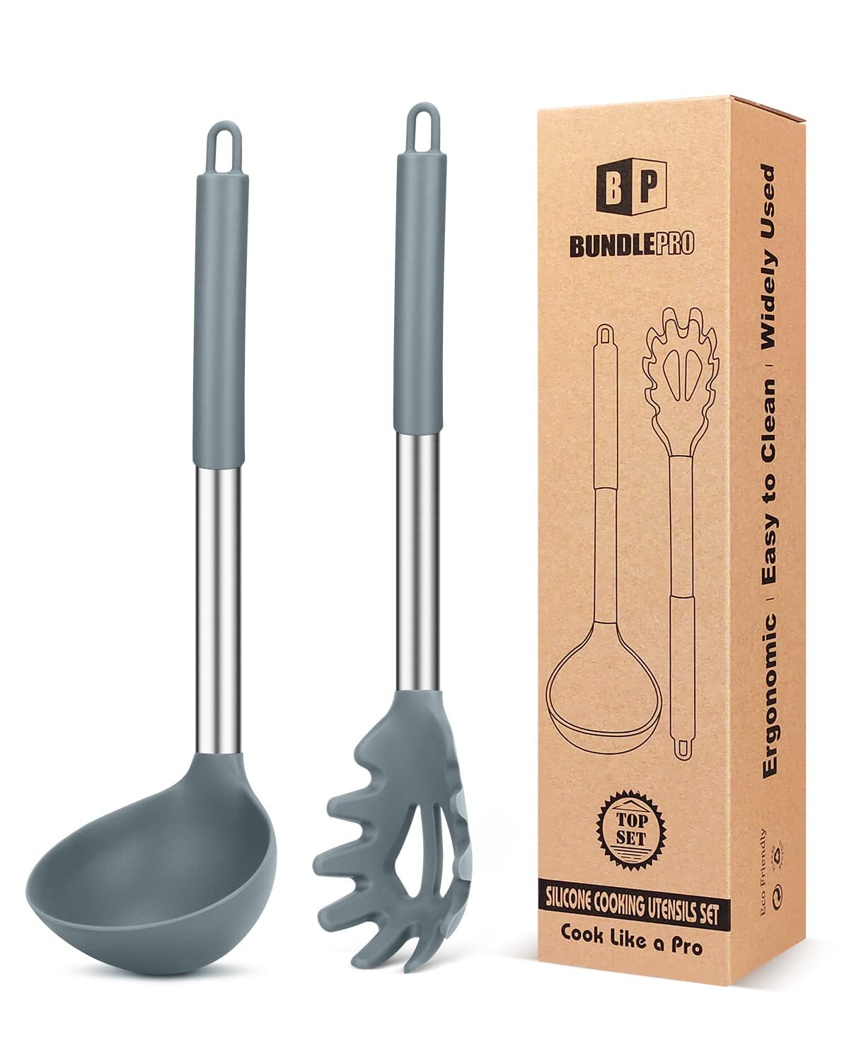 Silicone Pasta Fork and Ladle Spoon Set, Large Non Stick Kitchen Utensils for...