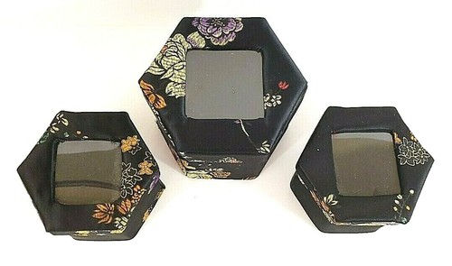 Asian Motif Black Satin Boxes Lined Boxes Gift Trinket Set Of 3 - Picture 4 of 5