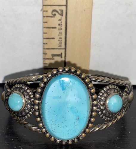 Vintage Sterlingsilber Türkis 3 Steine Indianer Armreif Armband - Bild 4 von 7