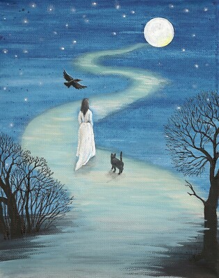 11X14 INCH PRINT OF PAINTING RYTA GHOST HALLOWEEN Witch BLACK CAT folk art moon