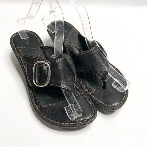Born Womens Thong Sandals Black Wedge Heels Adjustable Buckle Slip On 7 M