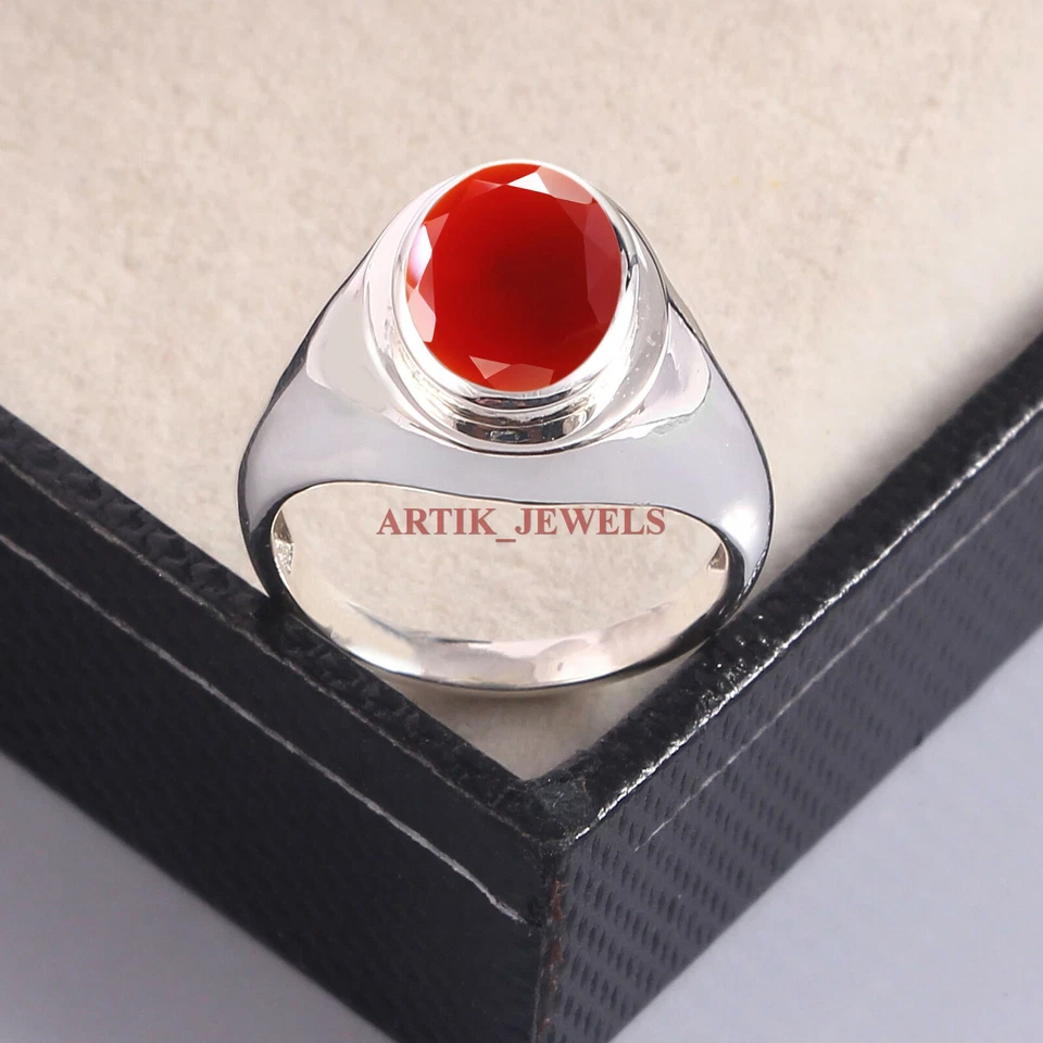 Naturel Rouge Onyx Pierre Précieuse Avec 925 Bague en Argent pour Homme #5784 - Photo 2/4
