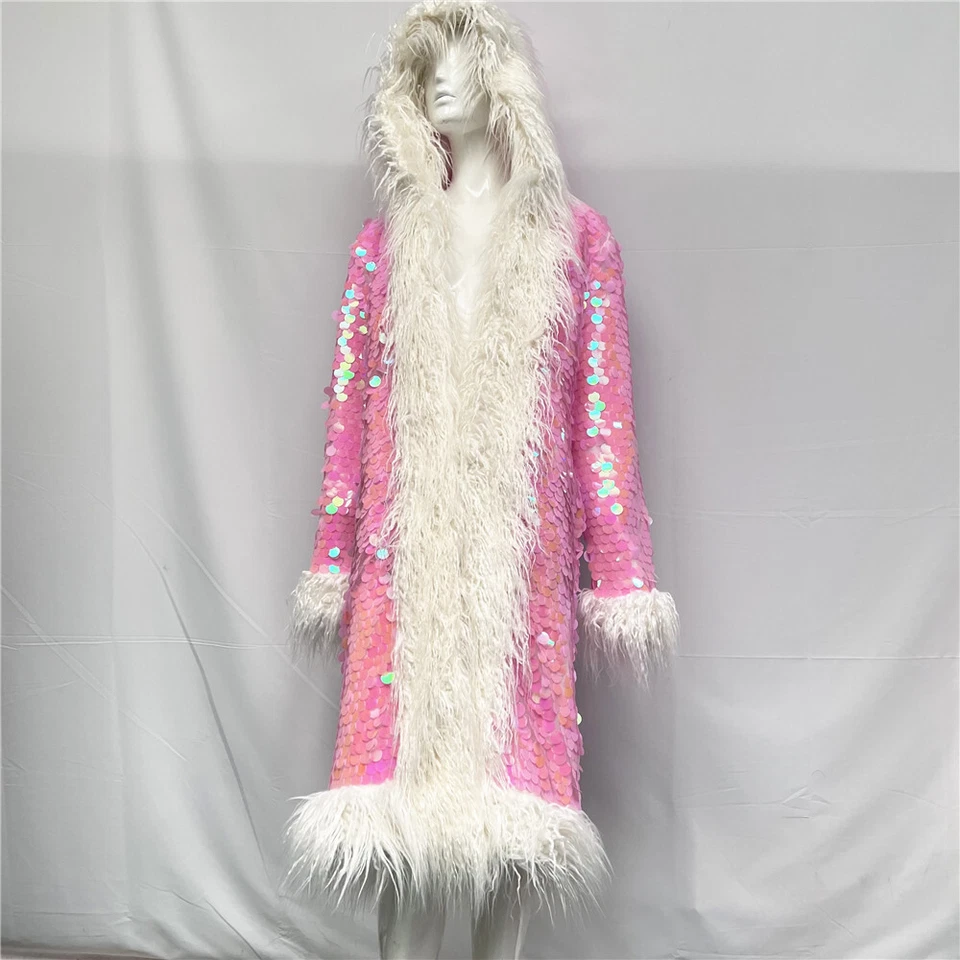 Occident American Style Womens Faux Fur Mid Long Coat Overcoat Sequin Hood 110cm - Image 3 of 4