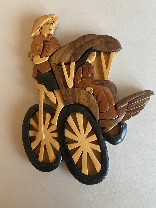 Vintage Wood Art Rickshaw 8" Wall Hanging