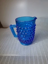 Fenton Blue Glass Hobnail Miniature Pitcher Creamer Toothpick Holder - 3" Tall