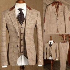 Plaid Men's Suits Houndstooth 3 Piece Notch Lapel Slim Fit Casual Formal Tuxedos